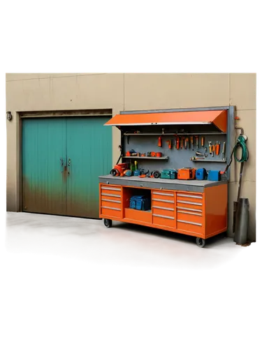 Garage, cartoon style, bright colors, metallic door, rolling shutter, concrete floor, toolboxes, workbench, vice grip, scattered wrenches, rusty old car parts, softbox lighting, 3/4 composition, shall