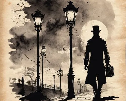 gas lamp,gaslight,lamplighters,lamplighter,sherlock holmes,silhouette of man,Illustration,Paper based,Paper Based 30