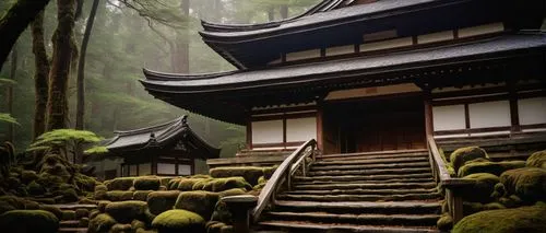 Tamko heritage architecture, ancient temple, Japanese-inspired, curved rooflines, ornate eaves, intricate carvings, wooden shingles, rusty brown color, weathered texture, moss-covered steps, serene fo