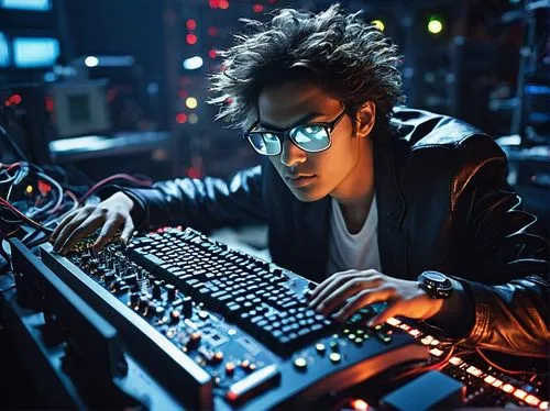 Microprocessor, CPU, motherboard, circuit board, wires, chips, metallic finish, sleek design, futuristic ambiance, neon lights, coding screen, keyboard, mouse, programmer, focused expression, glasses,