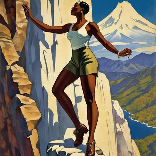 travel poster,women climber,the spirit of the mountains,mountain guide,art deco woman,basotho,american climbing trumpet,alpine climbing,el salvador dali,mountain spirit,säntis,mountain climber,female runner,hiker,1940 women,via ferrata,ultramarathon,arête,khokhloma painting,men climber,Illustration,Realistic Fantasy,Realistic Fantasy 21