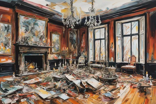 fire damage,wade rooms,luxury decay,danish room,empty interior,sitting room,dining room,study room,breakfast room,paintings,fireplaces,debris,mantel,abandoned room,home destruction,living room,athenaeum,livingroom,braque francais,destroyed area,Conceptual Art,Oil color,Oil Color 18