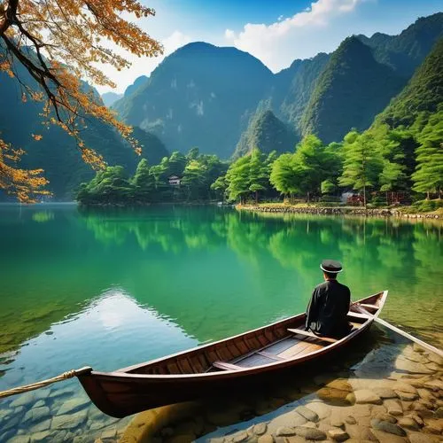 there is a man in a boat on a lake, photo by jiang tingxi, pixabay contest winner, wonderful realism, peaceful scene, dreamy scene, beautiful image, in a peaceful landscape, peaceful scene, yang qi, z