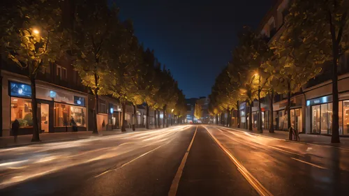 the boulevard arjaan,passeig de gracia,paris shops,aix-en-provence,boulevard,street lights,the cobbled streets,rome at night,paris,street lamps,night photography,the street,shopping street,tree-lined avenue,french digital background,larambla,nocturnes,light trail,avenue,rome night,Photography,General,Natural