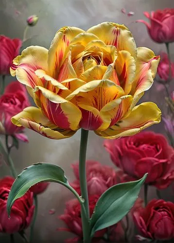 red-yellow rose,yellow rose background,colorful roses,tulip bouquet,gold yellow rose,tulip background,Art,Classical Oil Painting,Classical Oil Painting 15