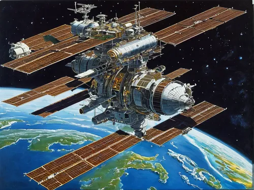 Describe an isolated space station orbiting Earth.,earth station,iss,satellite express,satellites,satellite,space station,cygnus,international space station,moon base alpha-1,module,soyuz,satellite im