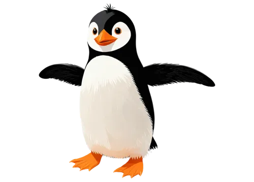 Penguin, standing, white belly, black back, orange beak, webbed feet, toes spread wide, waddling, cute expression, fluffy feathers, soft texture, morning light, shallow depth of field, warm color tone