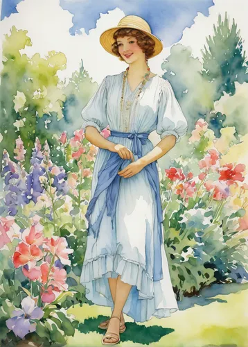 girl in the garden,girl picking flowers,girl in flowers,jane austen,kate greenaway,barbara millicent roberts,vintage illustration,in the garden,lillian gish - female,picking flowers,flora,july 1888,fiori,hydrangeas,garden party,1906,woman with ice-cream,country dress,1900s,in the early summer,Illustration,Paper based,Paper Based 23