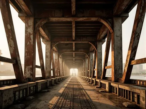 Rustic steel beams, weathered wooden planks, rough-hewn stone piers, industrial metal grating, worn concrete surfaces, intricate cable patterns, suspension system details, misty atmospheric effects, w