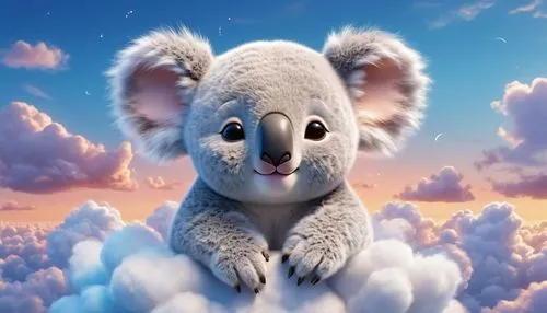 A cute baby koala, round big head, closed eyes, sleeping on fluffy cloud at magical sky, fantasy Pixar style,koala,cute koala,koalas,koala bear,cloudmont,clougherty,3d teddy,cumulus,cumulus nimbus,clo