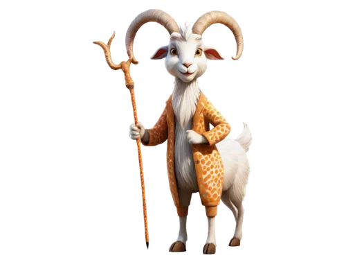 Goat, drawing, white beard, curved horns, furry body, spotted pattern, standing on hind legs, holding a pencil, creative pose, whimsical atmosphere, soft lighting, warm color tone, shallow depth of fi