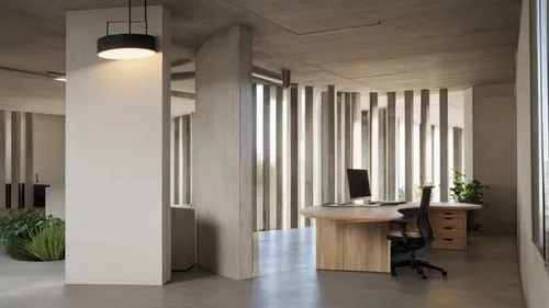 paredes y techo blanco , suelo concreto pulido , barras divisorias madera , columnas de concreto ,modern office,offices,creative office,blur office background,working space,assay office,daylighting,ar