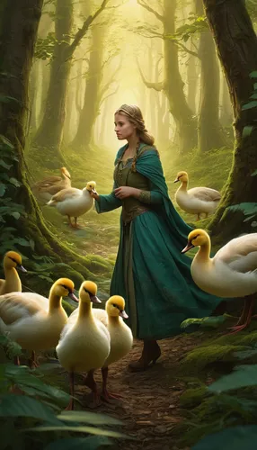 Craft a tale set in a magical forest, where a moedergans and her goslings help a lost traveler find their way home.,the pied piper of hamelin,pied piper,fantasy picture,goslings,flock home,ducklings,b