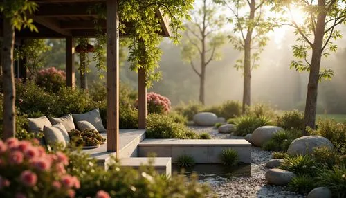 garden bench,climbing garden,landscape design sydney,zen garden,nature garden,landscape designers sydney,garden design sydney,sake gardens,japanese zen garden,3d render,landscaped,garden swing,garden,idyll,idyllic,the garden,render,morning light,tea garden,landscaping