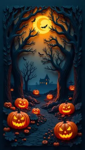 halloween wallpaper,
A pumpkin patch at night, hungry screaming pumpkin monsters, mossy live oak trees, glowing crescent moon with a face, old cemetery,halloween greeting with pumpkins, scary house an