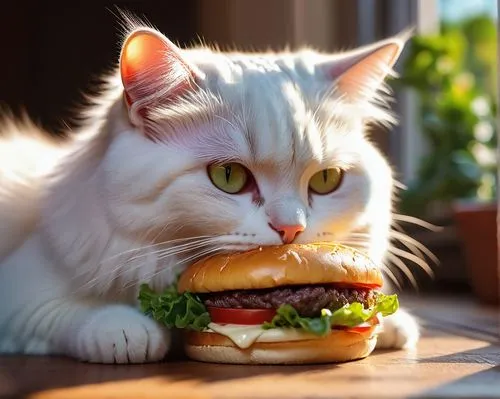 Adorable cat, white fur, pink nose, whiskers, cute eyes, eating, cheeseburger, toasted bun, melted cheese, juicy beef patty, lettuce, tomato, ketchup, mayonnaise, wooden table, cozy home interior, war