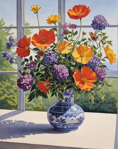 flower painting,carol colman,summer still-life,sunflowers in vase,still life of spring,pansies,nasturtiums,glass painting,floral composition,windowsill,window sill,cottage garden,summer flowers,watercolour flowers,carol m highsmith,aubretia,cloves schwindl inge,flower vase,geraniums,zinnias,Conceptual Art,Daily,Daily 27