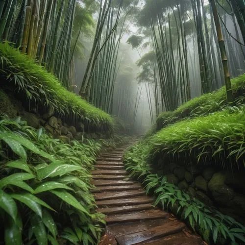 Rotten bamboo leaves get wet under the rain. The mountain path leading to the hut is overgrown with moss - no one comes to visit, raw photo, (high detailed skin:1.2), 8k uhd, dslr, soft lighting, high