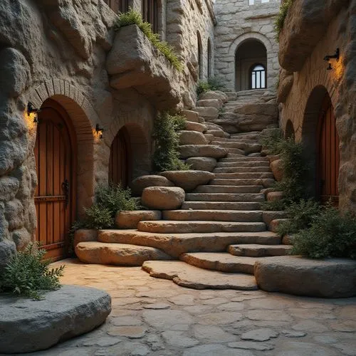 Rough-hewn stone walls, weathered wooden planks, rusty metal accents, intricate brick patterns, ornate tile mosaics, smooth concrete finishes, natural rock formations, earthy tones, organic shapes, cu