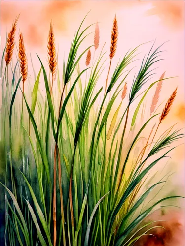 wheat grass, green blades, slender stems, feathery plumes, natural texture, earthy tone, morning dew, soft sunlight, shallow depth of field, warm color tone, 3/4 composition, close-up shot.,a painting