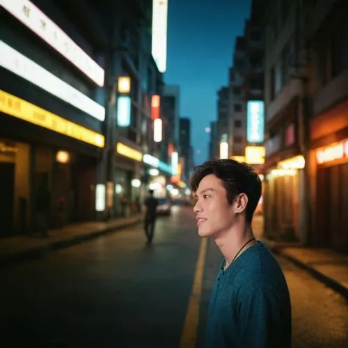 handsome man 18_year_old vietnamese men, Ruddy skin, standing,Height is 145 cm, blurry night city background,volumetric light, cinematic, octane rendering, uplighting, blur-free, depth of field, dof, 