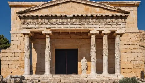 Ancient Greek entablature architecture, Doric columns, carved marble metopes, frieze with triglyphs, pediment with sculptures, ornate cornice, detailed stone carvings, weathered exterior, warm afterno