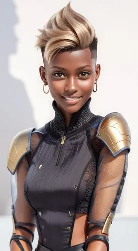 woman face model,   suit, Mohawk haircut with shaved sides, angular cheekbones,  Strong and angular mandibule, big smile, Modern sport,a young black woman in a silver outfit,anakara,ororo,scorpia,owei