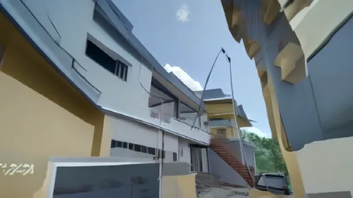 the front and side of a house with lots of stairs,3d rendering,sketchup,opengl,block balcony,street view,surveillance camera