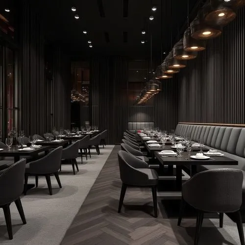 a monochromic restaurant interior with luxury materials including textiles, black stained slatted wood and luxury dinging chairs. The flooring is a mix of dark gray carpet and black wooden flooring. T