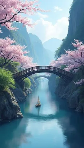 scenic bridge,japan landscape,dragon bridge,japanese sakura background,landscape background,sakura background