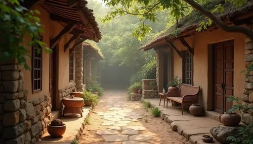 korean folk village,cottages,wooden path,pathway,fairy village,summer cottage,traditional village,forest path,patios,cottage,country cottage,knight village,walkway,traditional house,quaint,idyllic,village life,rural,bungalows,boardinghouses,Photography,General,Realistic