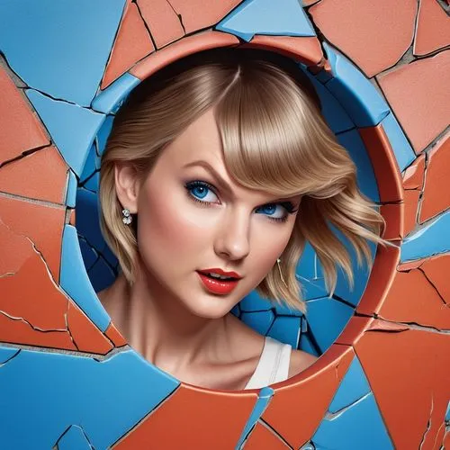 3d  taylor swift cartoon character popping out of round cracked wall, rainbow ceramics wall, bright blue eyes photography,swiftlet,swiftmud,pop art background,edit icon,broken glass,safety glass,swift