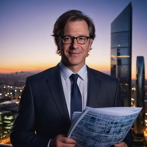 middle-aged man, Nelson, architectural designer, bespectacled, short brown hair, casual smile, white shirt, black tie, dark grey suit, holding blueprints, standing, urban cityscape, modern skyscraper,