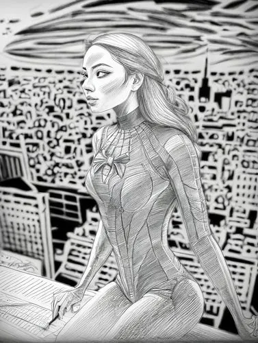 wonder woman city,metropolis,super heroine,scarlet witch,catwoman,sprint woman,silver,fantasy woman,comicbook,goddess of justice,superhero background,pencil frame,comic style,wonderwoman,samara,barb wire,ronda,silver surfer,canary,starfire,Design Sketch,Design Sketch,Character Sketch