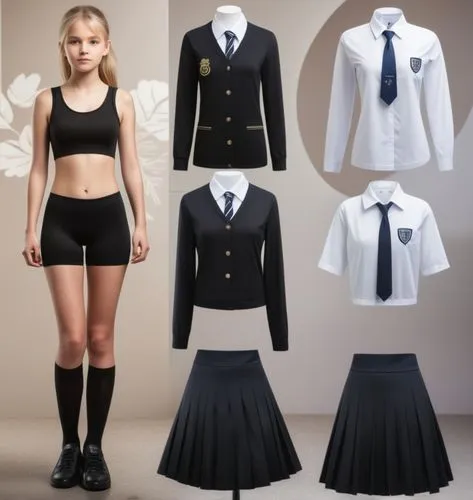 Paper doll British school girl in black sleeveless shirt ,black tight fit spandex shorts with black sock and black shoe standing surrounded by with a set of british school uniform, shirt, grey pleated