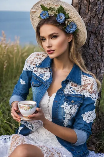 floral with cappuccino,woman drinking coffee,country dress,tea zen,tea party collection,flower tea,romantic look,tea drinking,tea party,blooming tea,countrygirl,cup and saucer,café au lait,jasmine tea,tea cup,beautiful girl with flowers,vintage floral,boho,vintage china,southern belle,Conceptual Art,Graffiti Art,Graffiti Art 03