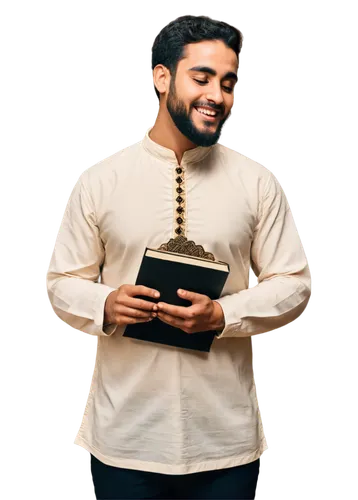 Islamic man, bearded, white dishdasha, golden embroidery, holding Quran, praying, tasbih, smiling, warm lighting, soft focus, cinematic composition, 3/4 view, shallow depth of field, earthy tone, real