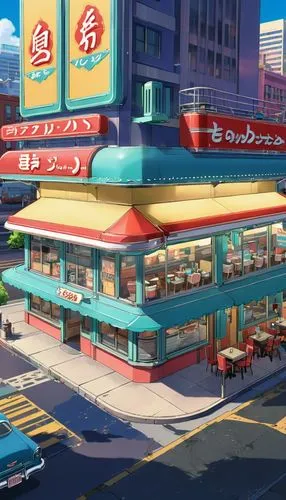 retro diner,japanese restaurant,tampopo,drive in restaurant,diner,eatery,a restaurant,sushi japan,restaurants,komeda,akiba,kamurocho,susukino,izakaya,restaurant,eateries,kazoku,nogaideli,electric gas station,tokyo city,Illustration,Japanese style,Japanese Style 03