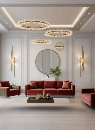 modern style sofa set,the modern living room features a red couch,ceiling light,interior decoration,ceiling lighting,contemporary decor,modern decor,ceiling lamp,luxury home interior,interior modern d