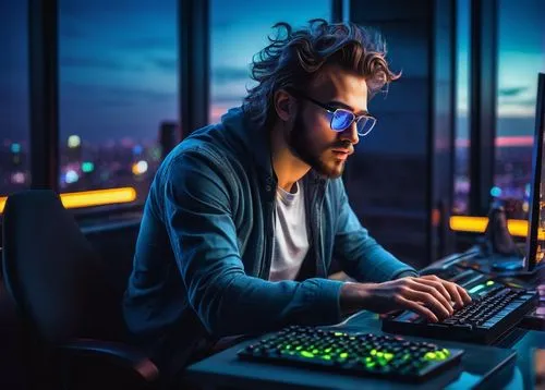 man with a computer,cybercriminals,cybertrader,cybercafes,cybersurfing,cybersurfers,genocyber,programmer,night administrator,computer freak,computer addiction,cybermedia,cyber glasses,computer business,cyberathlete,cyberterrorism,computerologist,cyberpunk,lan,computer game,Illustration,Realistic Fantasy,Realistic Fantasy 32