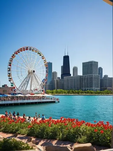 Chicago Navy Pier, architecture, Lake Michigan waterfront, summer afternoon, clear blue sky, warm sunlight, gentle lake breeze, sailboat tour, white sail, wooden dock, people walking, taking photos, s