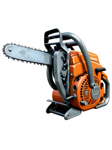 Chainsaw, handheld, rusty metal, worn grip, sharp cutting edge, gasoline engine, smoking exhaust pipe, detailed mechanical parts, rugged texture, industrial material, 3/4 composition, dramatic lightin