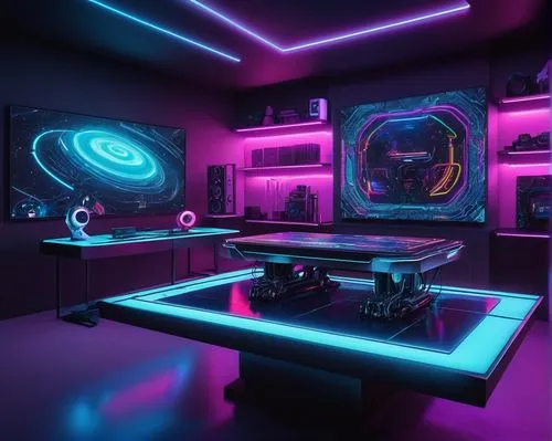 ufo interior,game room,computer room,sci fi surgery room,neon coffee,80's design,3d render,neon light,neon,cosmetics counter,neon drinks,neon lights,neon cocktails,nightclub,neon ghosts,modern room,neon tea,neon colors,3d background,working space,Illustration,Realistic Fantasy,Realistic Fantasy 06