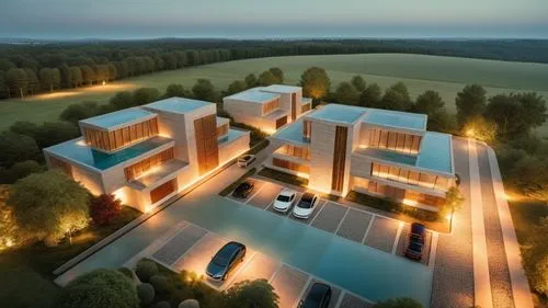 glass glass concrete bricks sunshine summer landscape garden trees cars blue sky night view people terraces apartments spotlights ,an aerial view of the exterior of a two story house at night,3d rende