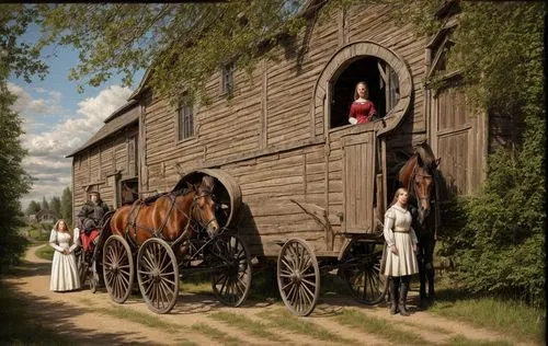 woman and me next to horse and buggy to church,mennonite heritage village,old wagon train,covered wagon,wooden carriage,wooden wagon,horse trailer,stagecoach,circus wagons,amish hay wagons,horse suppl