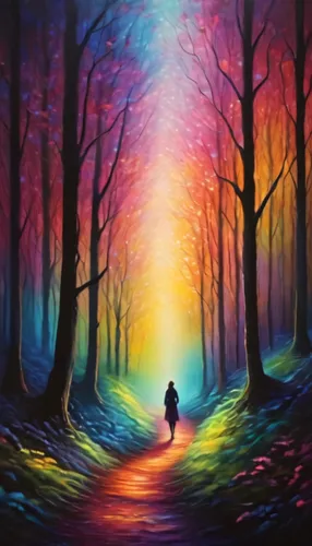 a painting of someone walking down a colorful pathway,the mystical path,enchanted forest,oil painting on canvas,art painting,fantasy picture,forest background