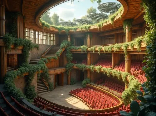 Eco-friendly suburban opera house, green roof, solar panels, recycled materials, energy-efficient glass windows, wooden accents, natural stone exterior, lush greenery surroundings, vines crawling up w