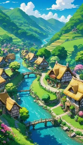 butka,popeye village,aurora village,alpine village,machico,yamada's rice fields,mountain village,yazaki,ghibli,escher village,knight village,idyllic,hoenn,fishing village,houseboats,floating huts,landscape background,kanto,nakama,japan landscape,Illustration,Japanese style,Japanese Style 03