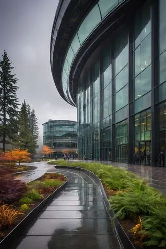 Seattle, UW campus, modern architecture, glass and steel building, intricate details, curved lines, futuristic design, green roof, natural light pouring in, students walking by, backpacks, laptops, co