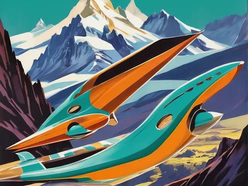 mountain vesper,travel poster,bobsleigh,sleds,swiss army knives,swiss knife,snowmobile,travel trailer poster,ski equipment,trek,futuristic landscape,delta-wing,alpine,snips,sled,ski touring,downhill ski binding,the spirit of the mountains,tail fins,starship,Illustration,Retro,Retro 12